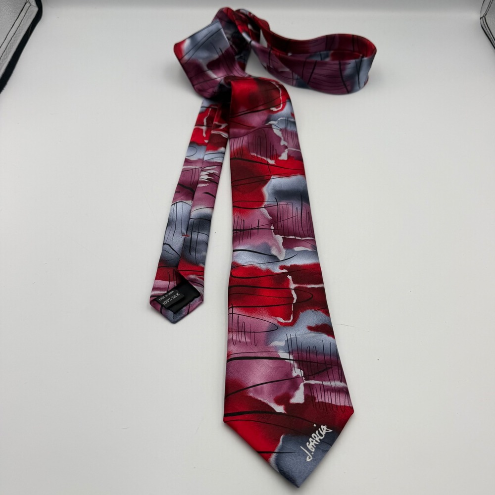 J. Garcia Mens Silk Tie Green Landscape Collectors Edition Red Abstract Tie